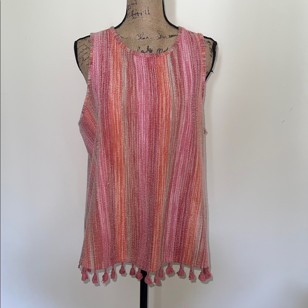 Pink and Orange Striped Sleeveless Top with Tassels